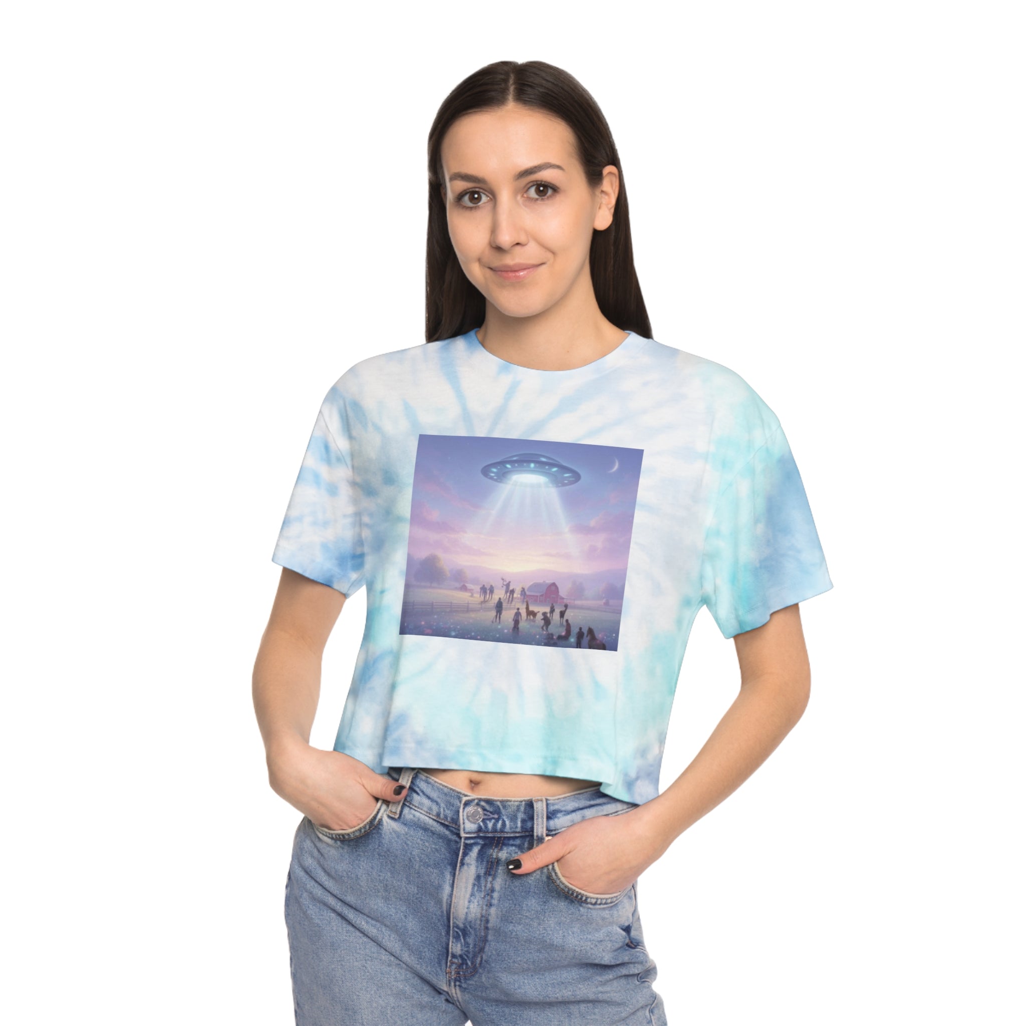 Alien Abduction Scene Crop Tee | Tie-Dye UFO Graphic