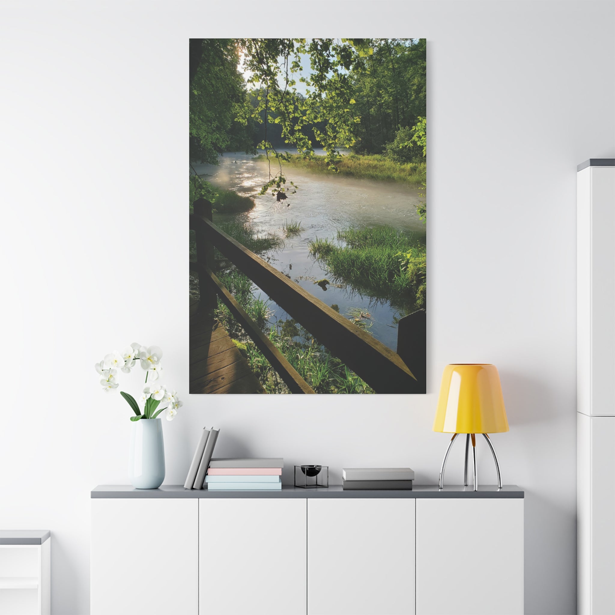 River Bridge Over Natural Spring Stretched Matte Canvas Print
