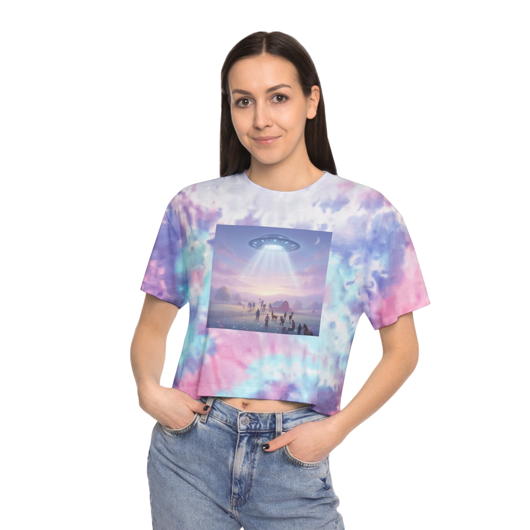 Alien Abduction Scene Crop Tee | Tie-Dye UFO Graphic