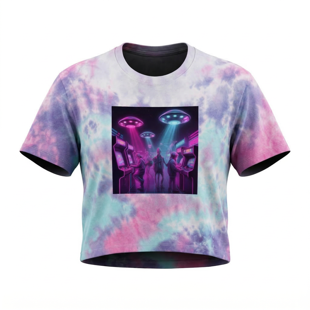 Neon Retro Arcade Scene Crop Tee Tie-Dye