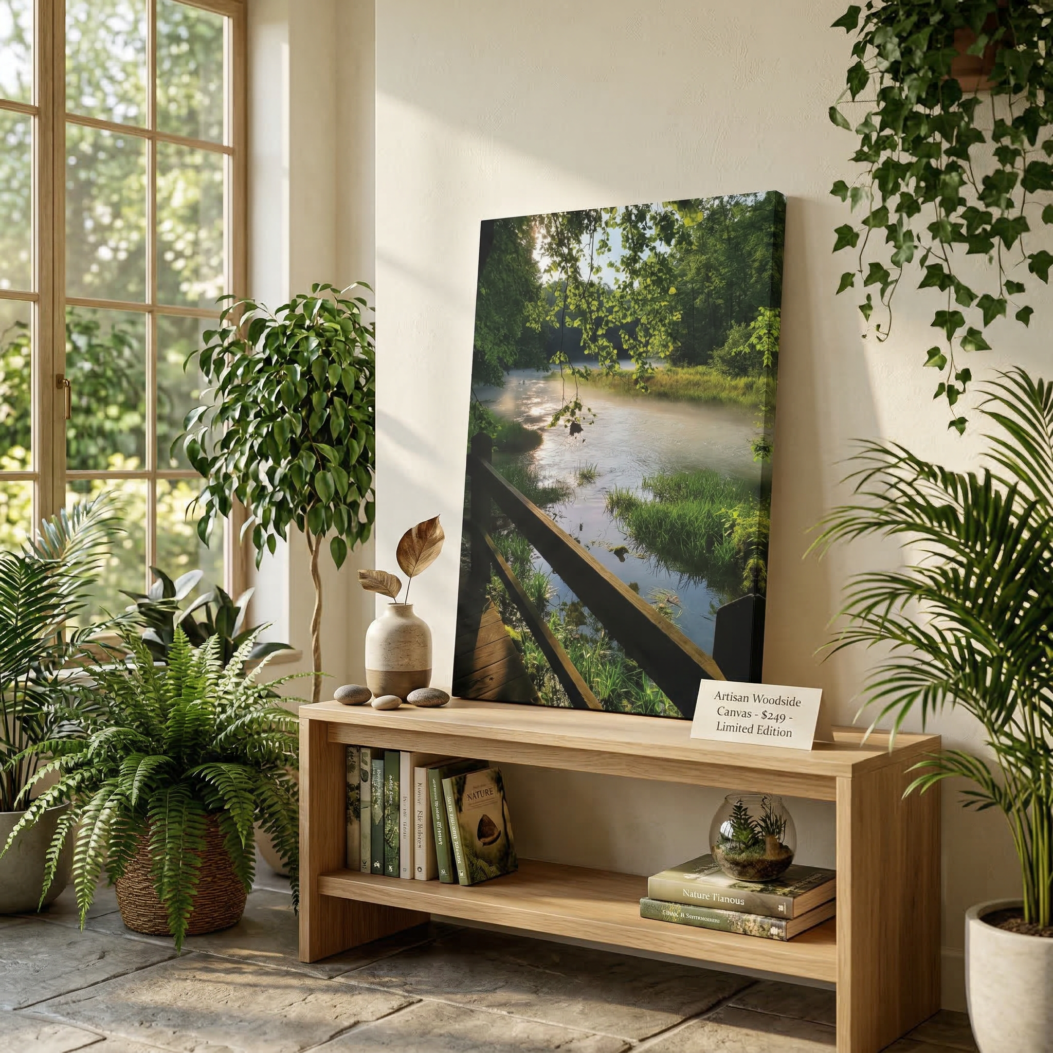 River Bridge Over Natural Spring Stretched Matte Canvas Print