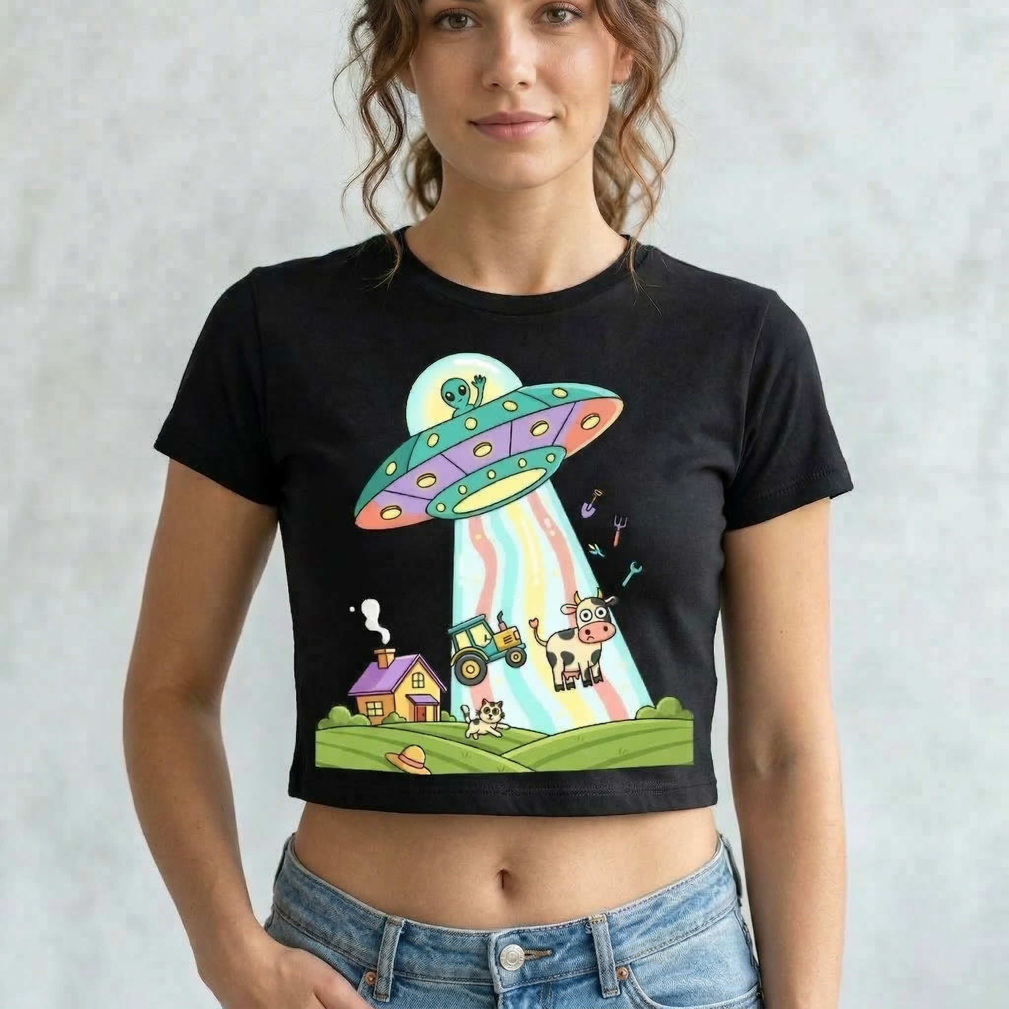 Alien cow abduction crop tee