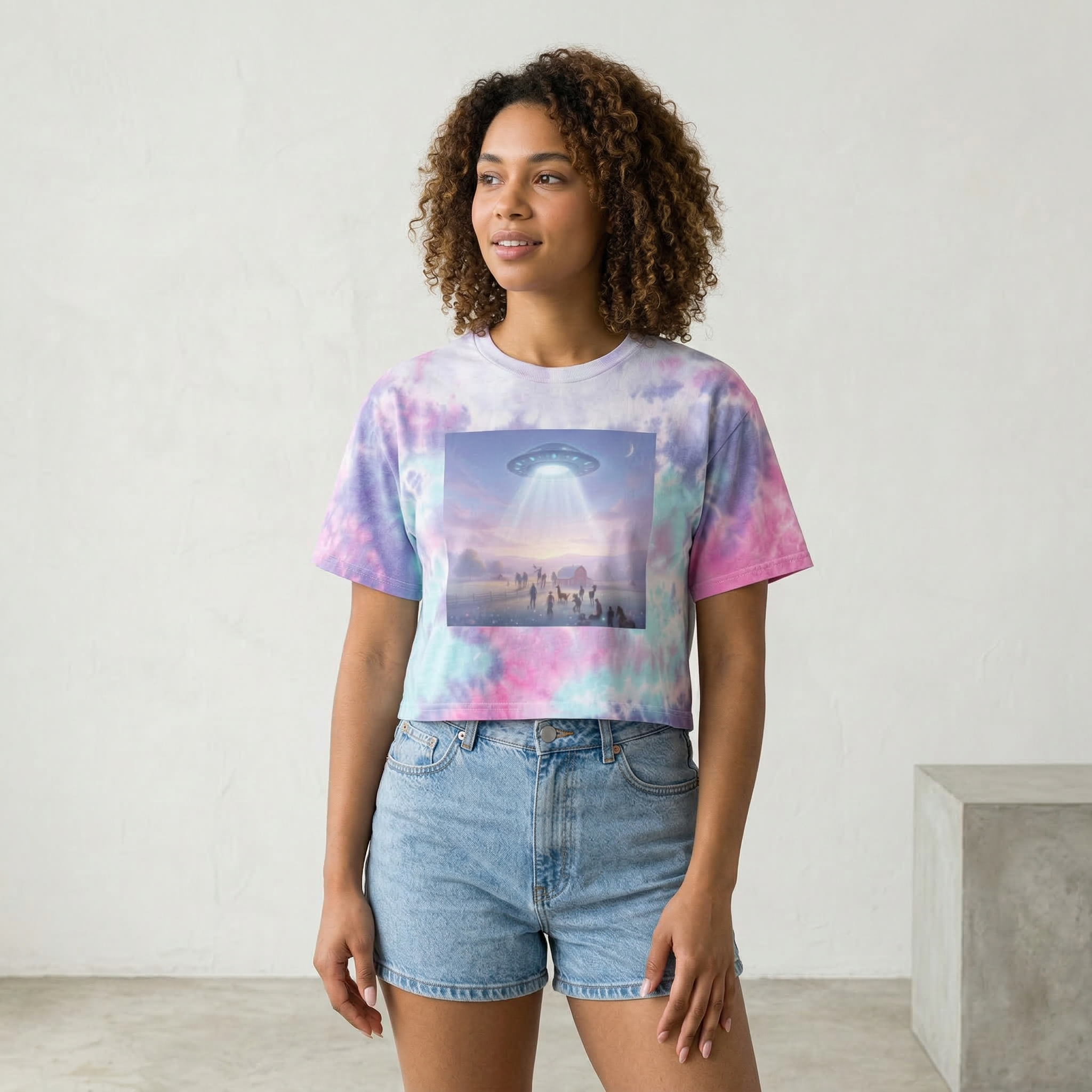 Alien Abduction Scene Crop Tee | Tie-Dye UFO Graphic