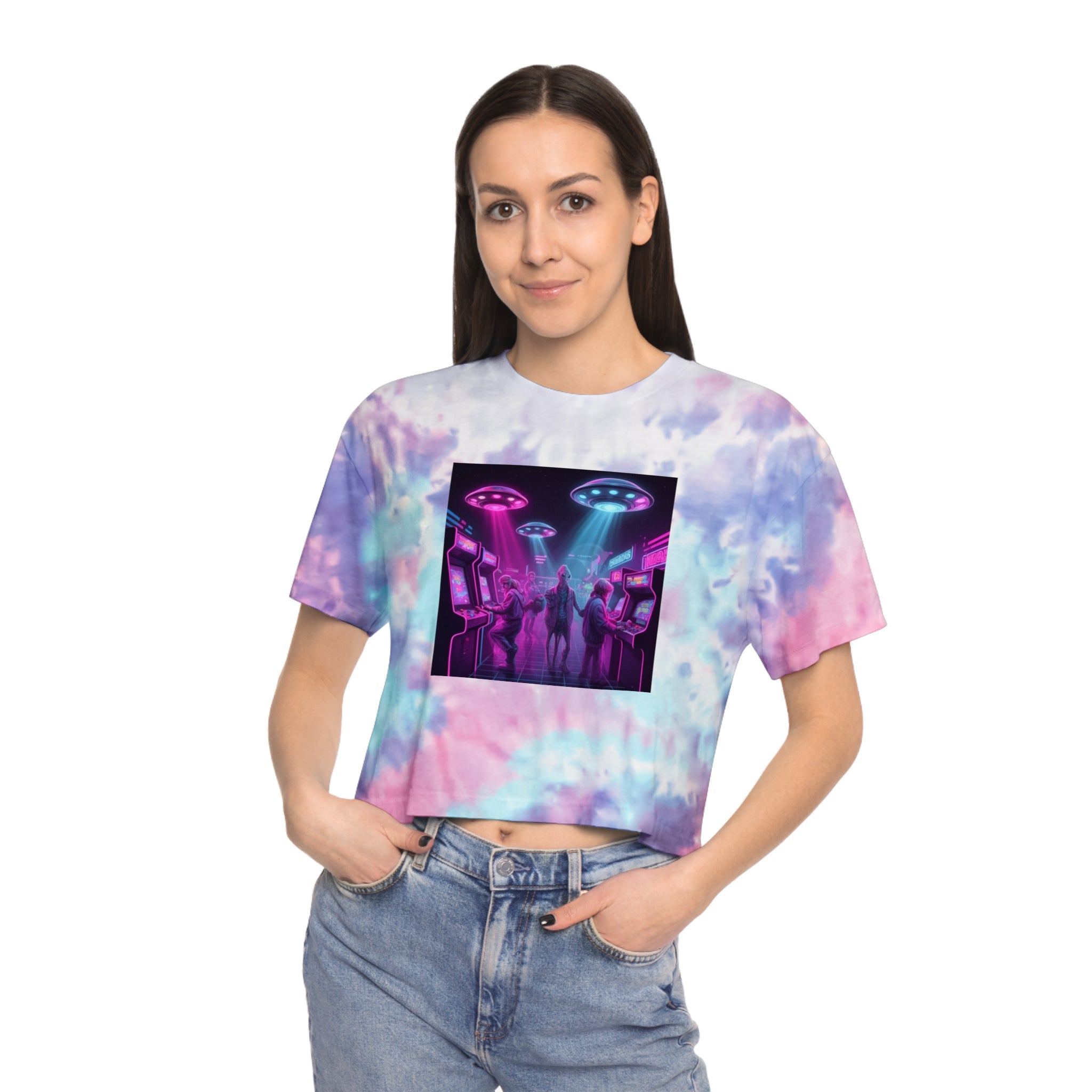 Neon Retro Arcade Scene Crop Tee Tie-Dye